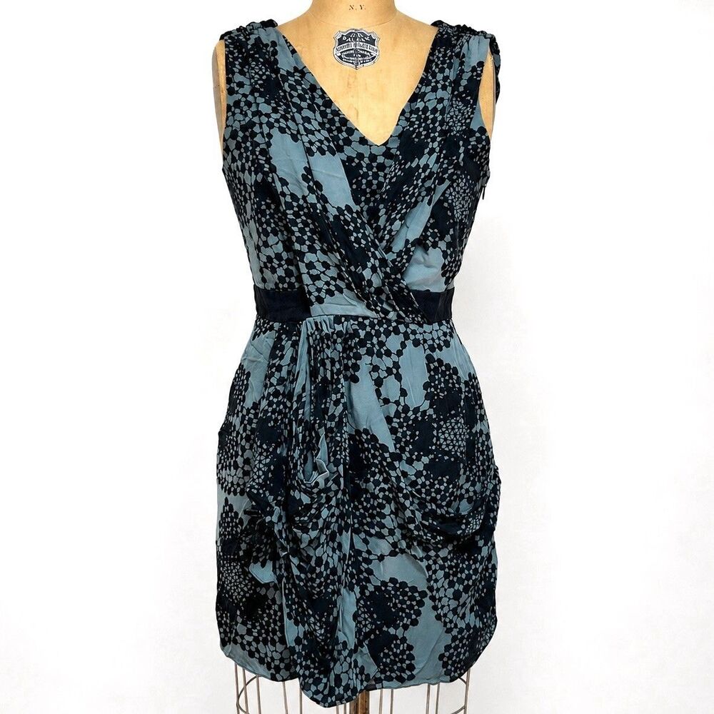 Tibi New York Silk Surplice Draped Dress Blue Black Print Cocktail Sheath 6